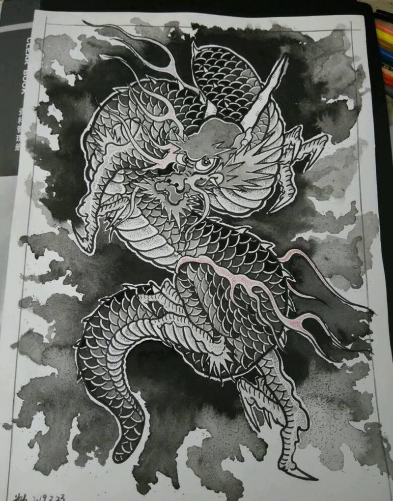 传统龙手稿纹身图片_老传统龙纹身图案