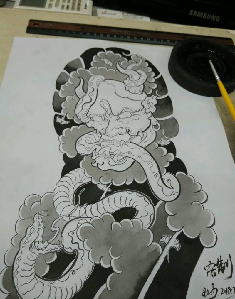 客制原创传统手稿七分袖纹身图片_手臂传统动物鬼神原创手稿纹身图案