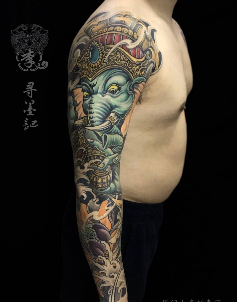 花臂象财神纹身图片_成品手臂国画传统人物鬼神宗教厦门水墨原创纹身图案