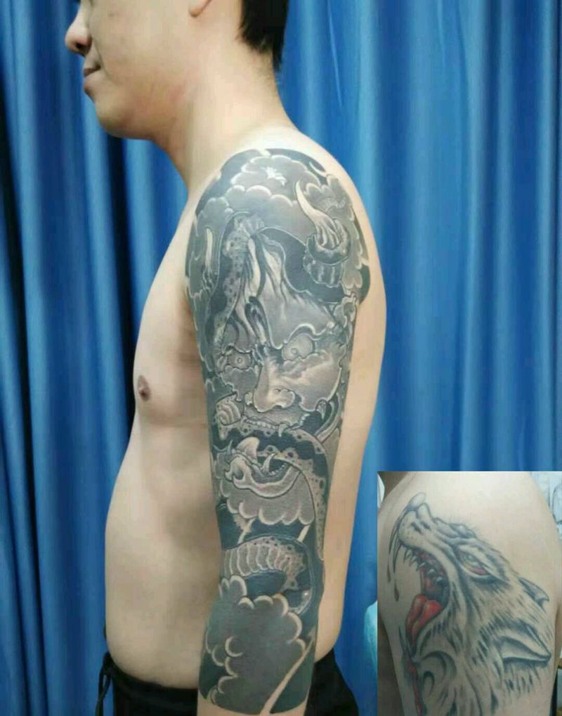 传统七分袖，遮盖纹身图片_手臂老传统般若，蛇纹身图案