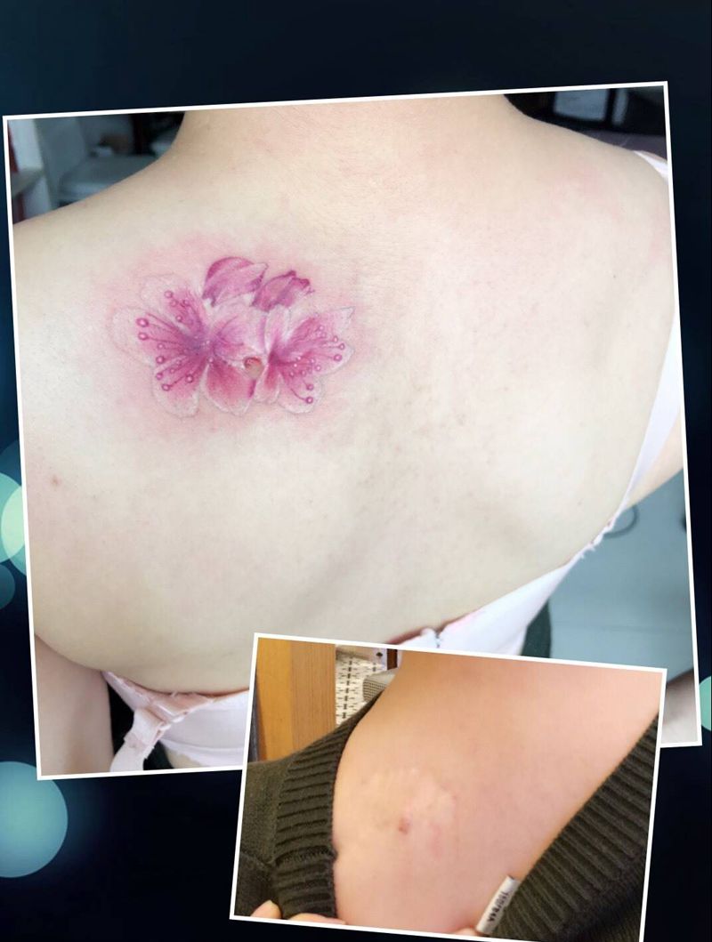 疤痕遮盖樱花纹身图片_清新欧美成品纹身图案