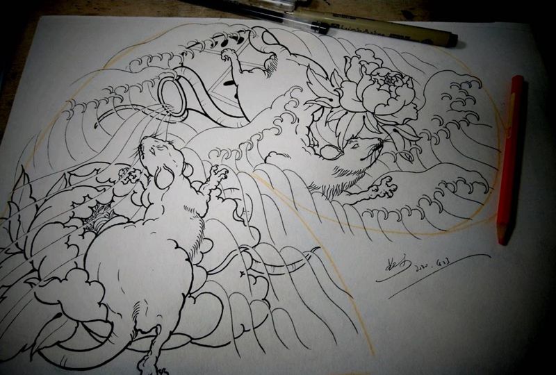 日常练习～传统双半甲，四只纹身图片_肩部手臂老传统纹身图案