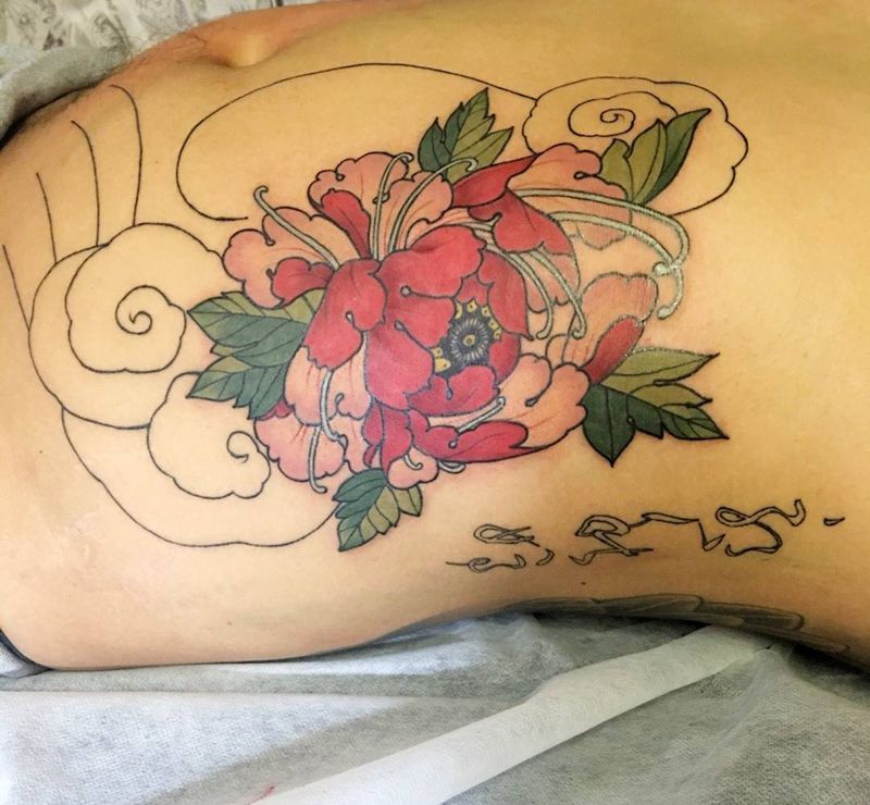 原创牡丹未完成黑灰纹身图片