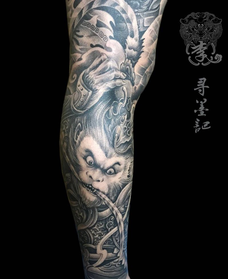 成佛纹身图片_腿部脚部新传统点刺厦门扫针针痕纹身图案