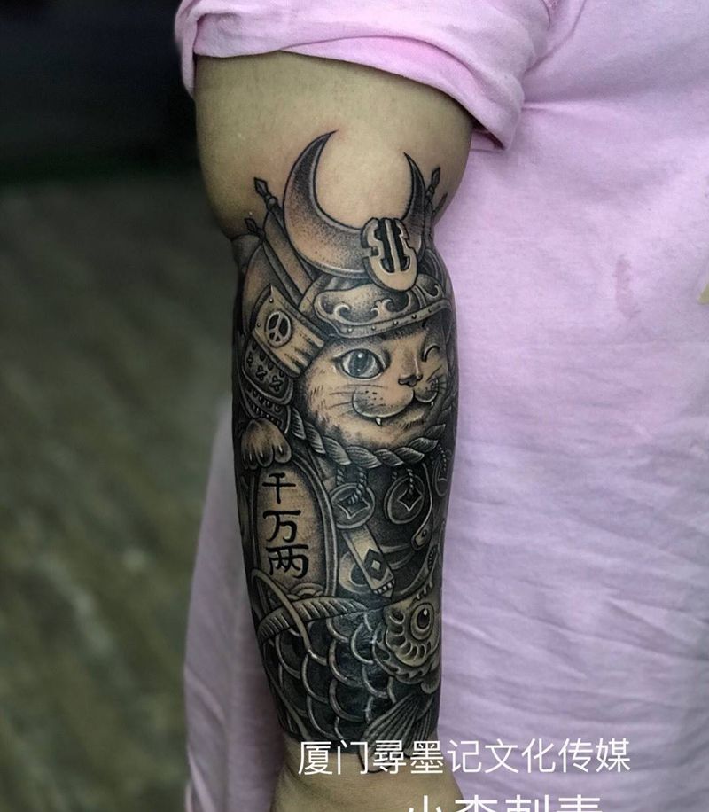 招财猫纹身图片_手臂手部新传统老传统招财猫武士花臂纹身图案
