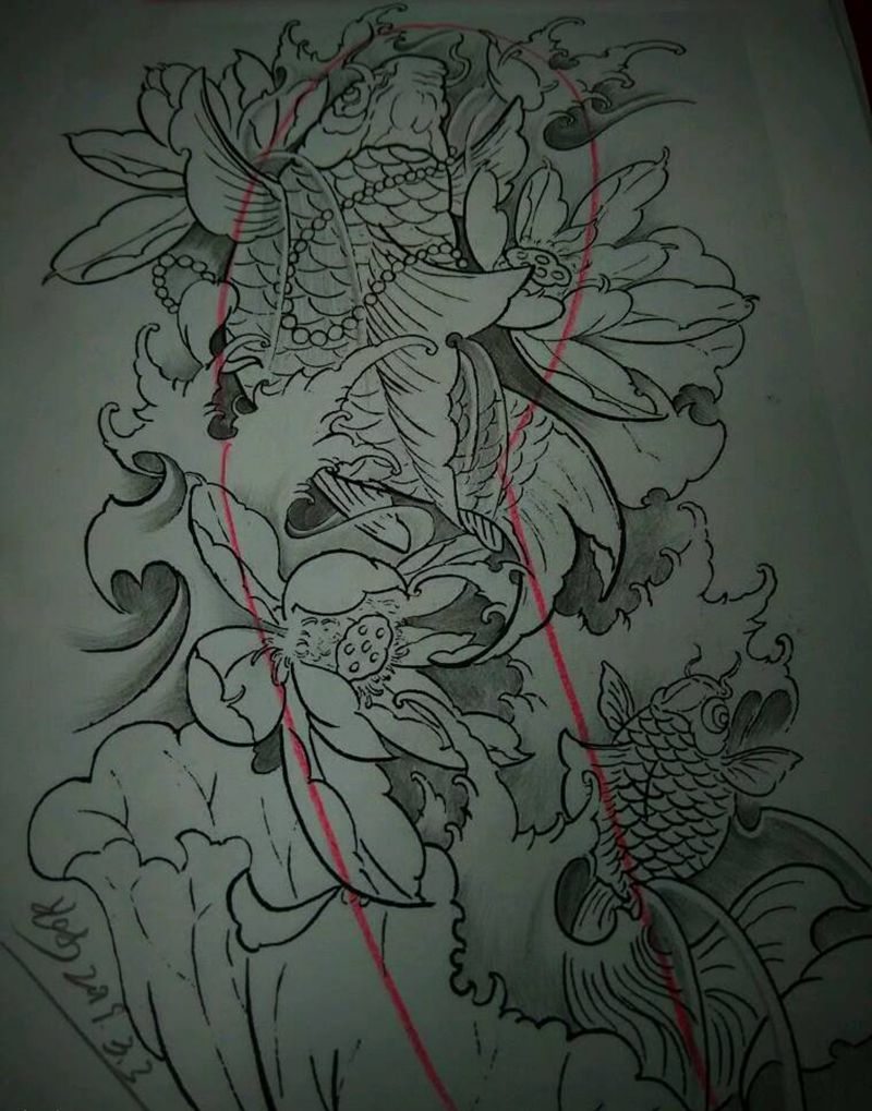 富贵鲤鱼花臂手稿，只做一次，待纹身图片_手臂新传统纹身图案