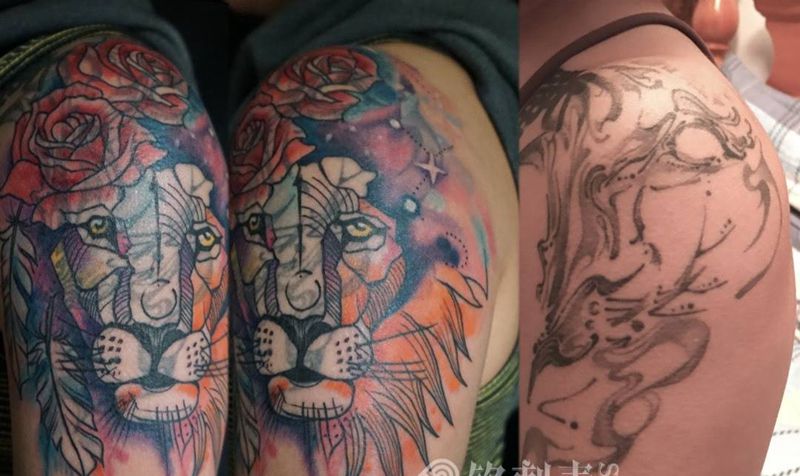 遮盖 狮子纹身图片_肩部手臂水彩遮盖纹身图案