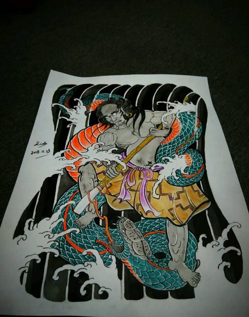 自画传统手稿纹身图片_背部老传统满背纹身图案