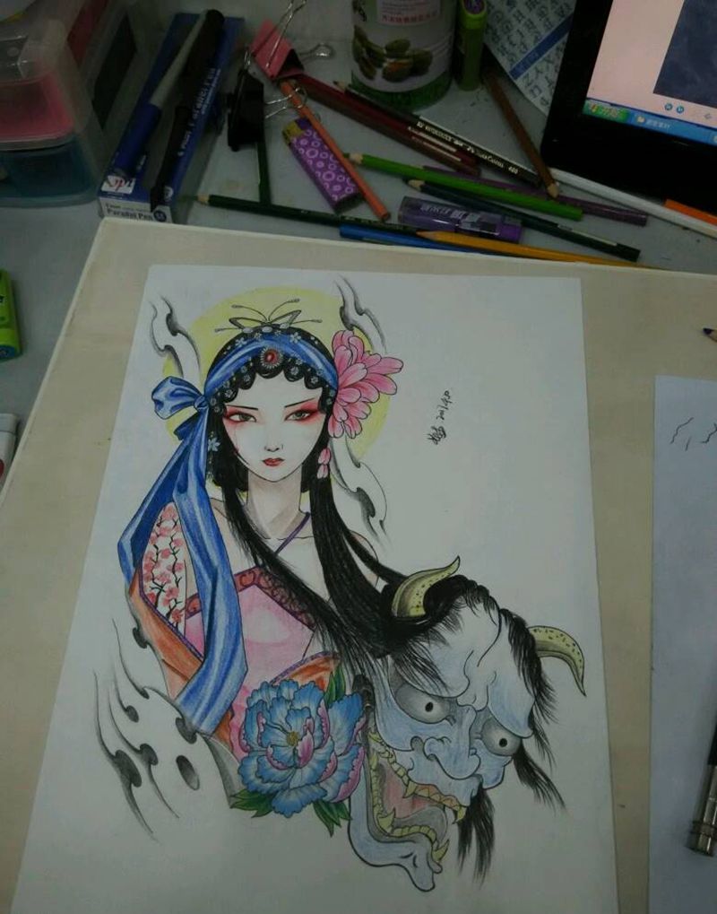 手稿，花旦纹身图片_传统人物手稿纹身图案