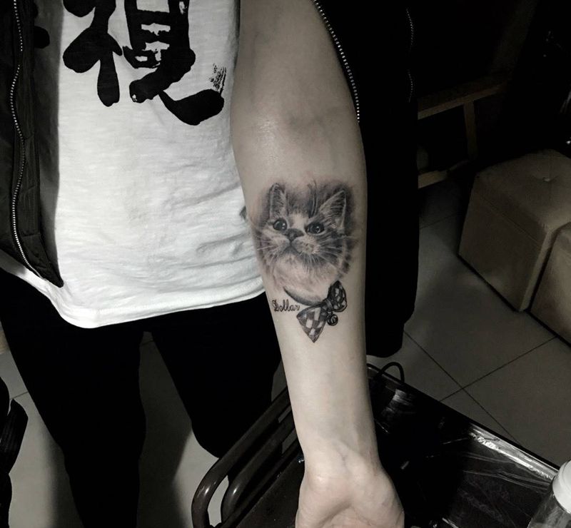 写实猫猫纹身图片_成品手臂欧美肖像纹身图案