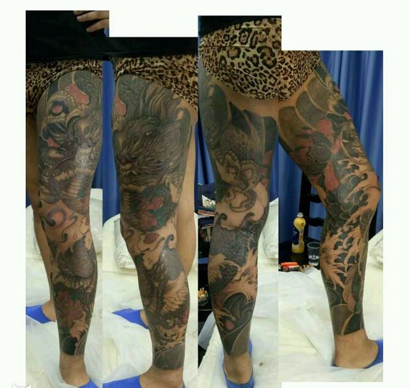 传统龙花腿纹身图片_腿部传统鬼神图腾宗教成品纹身图案