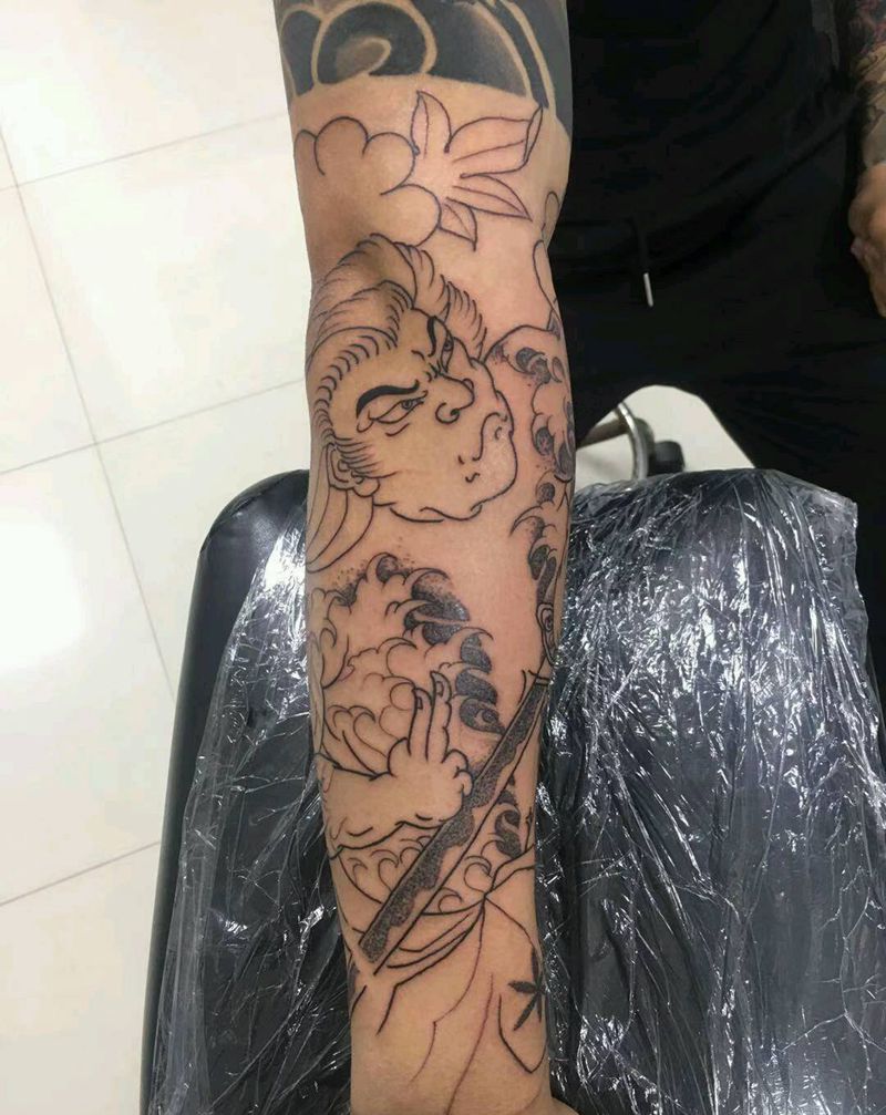自画手稿，屠龙武士，接花臂纹身图片_手臂老传统武士纹身图案