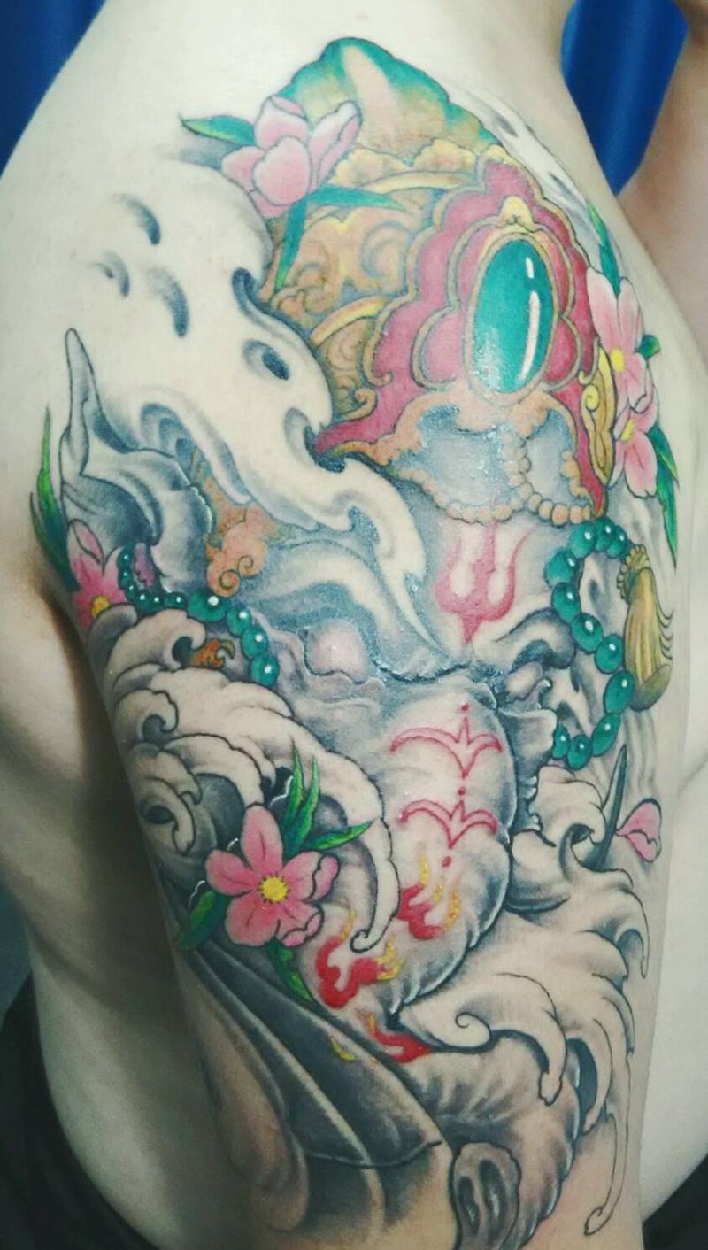 大臂象神完工纹身图片_肩部手臂传统习俗肖像人物鬼神宗教原创成品纹身图案