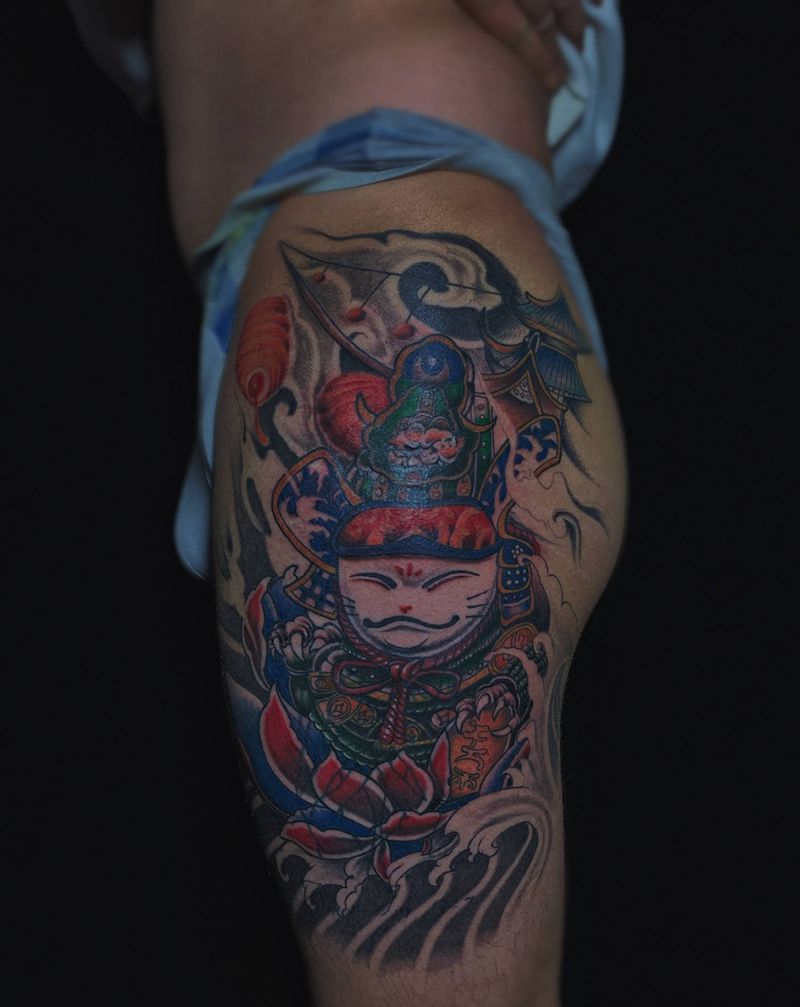 招财猫遮盖纹身图片_脚部纹身图案