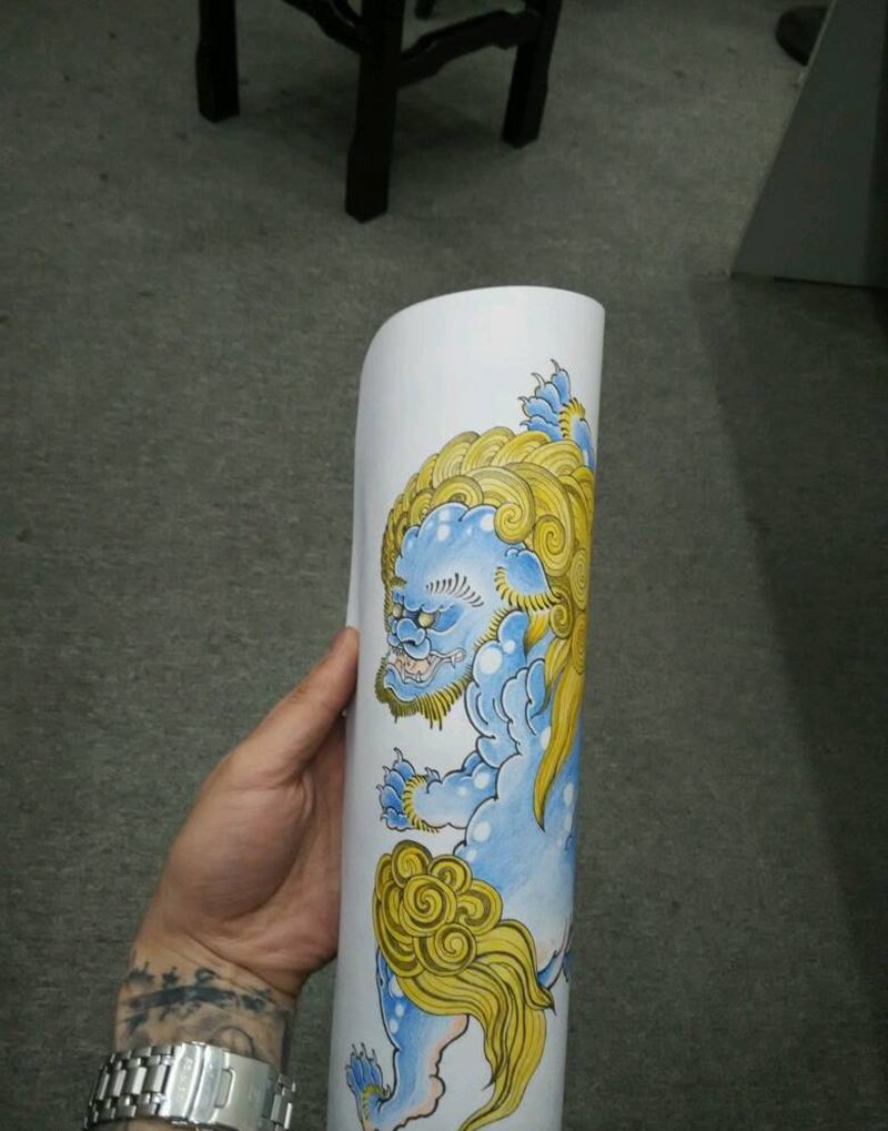 手稿：唐狮纹身图片_腰部腿部传统清新动物鬼神图腾宗教原创手稿纹身图案