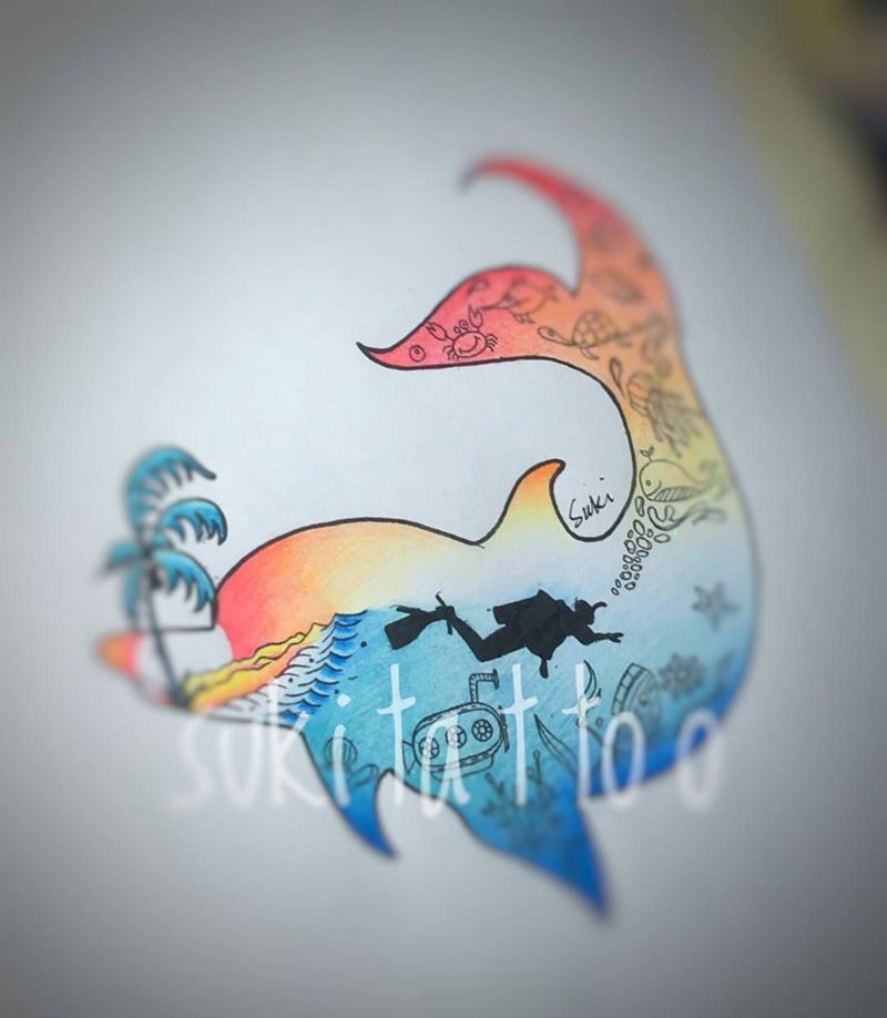 潜水题材定做纹身图片_原创手稿欧美纹身图案