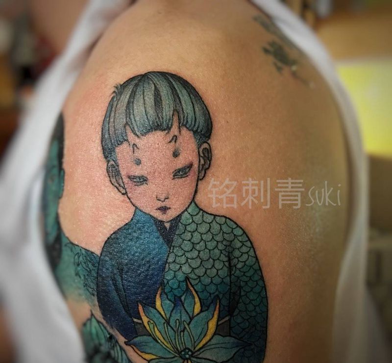 鲛童蓝色卡通系列纹身图片