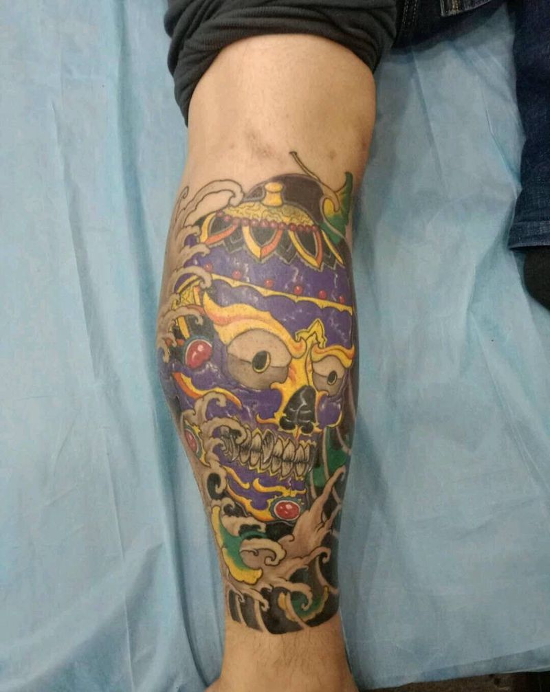 小腿嘎巴拉完成纹身图片_腿部新传统嘎巴拉纹身图案