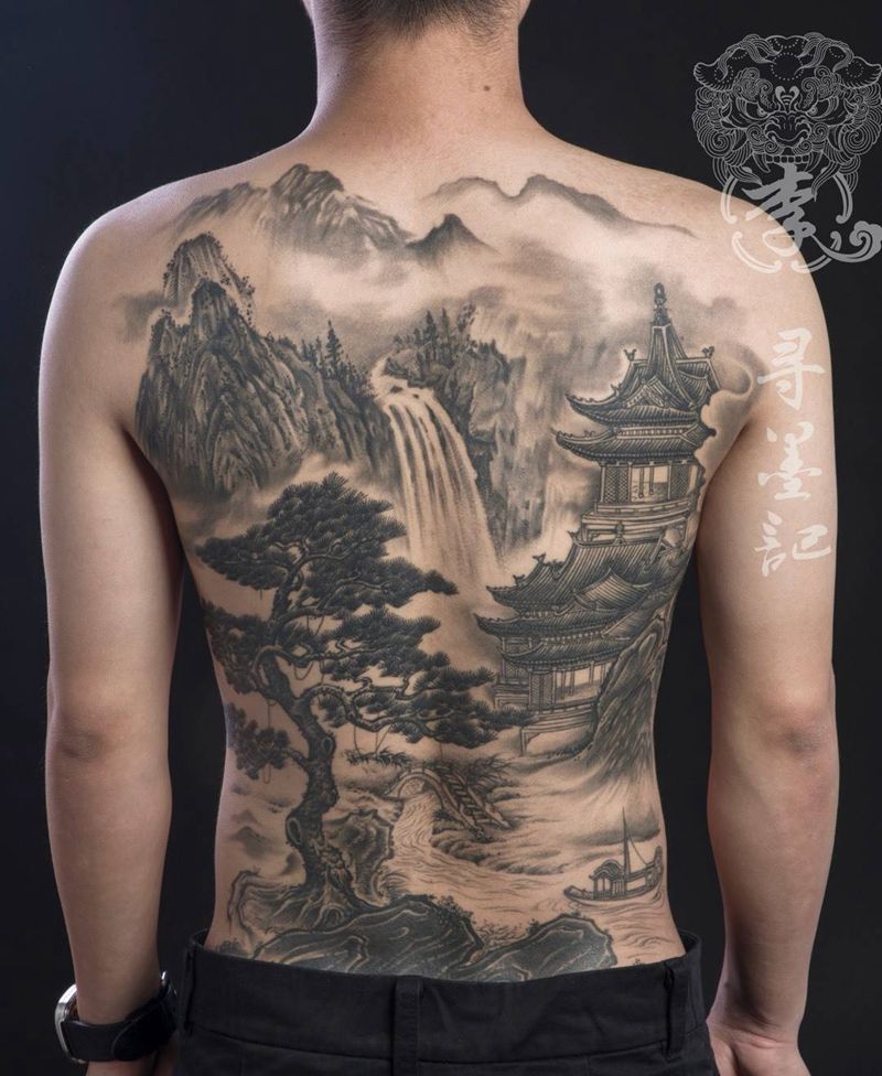 山水画纹身图片_成品背部传统国画植物原创厦门水墨美女静物纹身图案