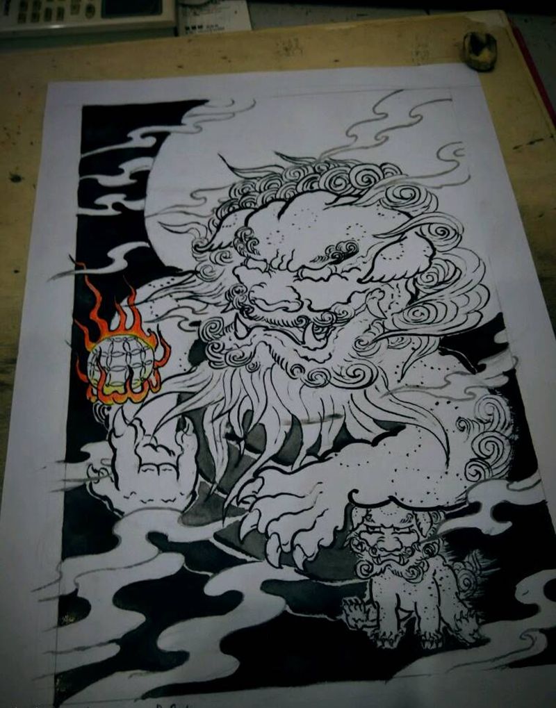 无聊的唐狮子纹身图片_传统原创手稿纹身图案