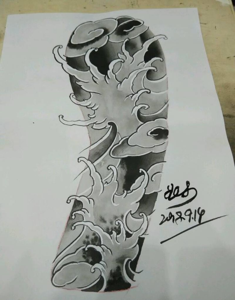 水浪花臂手稿2纹身图片_传统原创手稿纹身图案