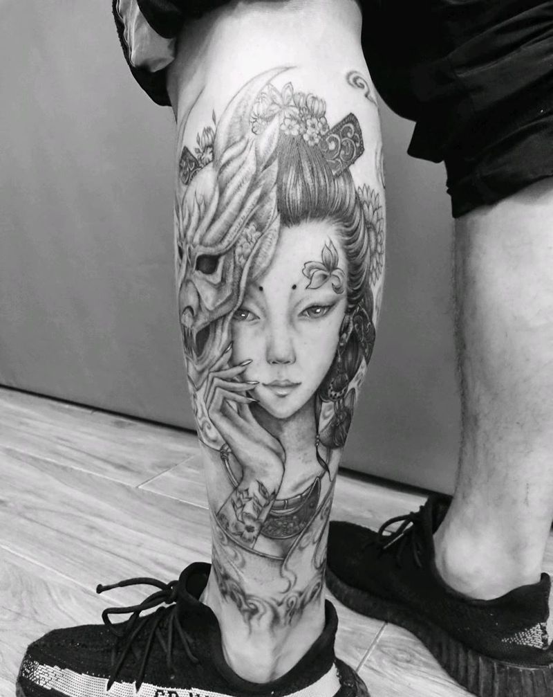 艺妓纹身图片_腿部人物成品纹身图案