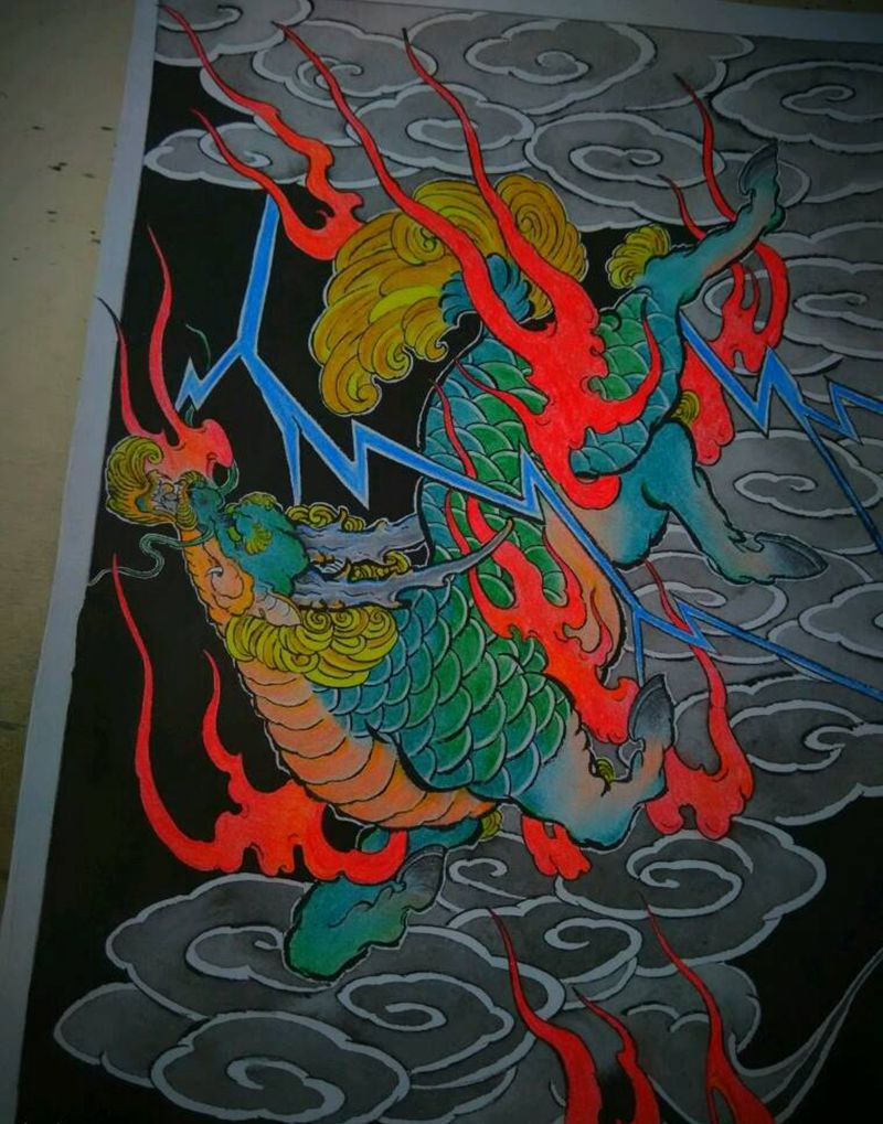 日常练习，传统麒麟手稿纹身图片_老传统麒麟纹身图案