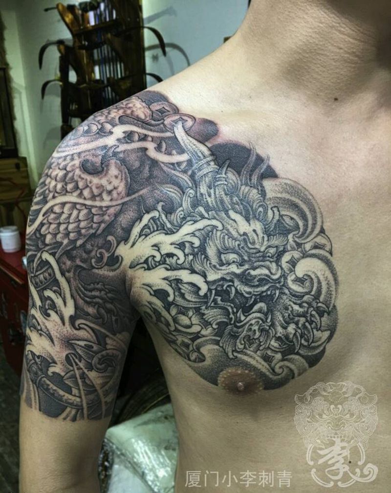 貔貅半胛纹身纹身图片_胸部手臂传统清新鬼神厦门福建貔貅麒麟成品纹身图案
