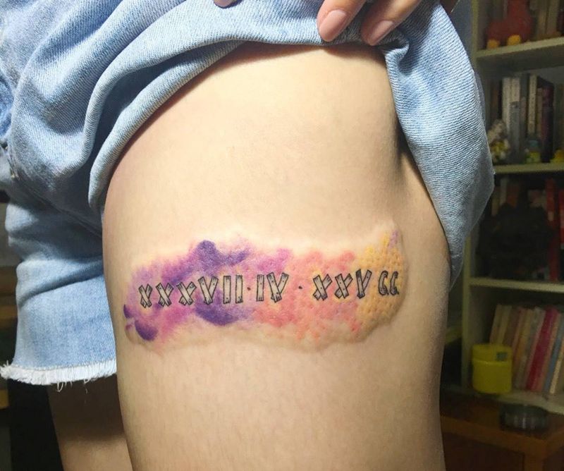 水彩罗马数字纹身图片