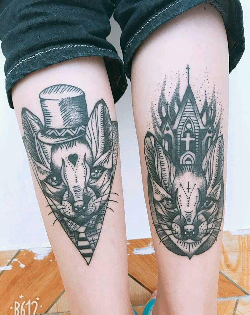 买家秀（恢复一个月后）纹身图片_腿部欧美肖像清新几何动物情侣原创成品纹身图案