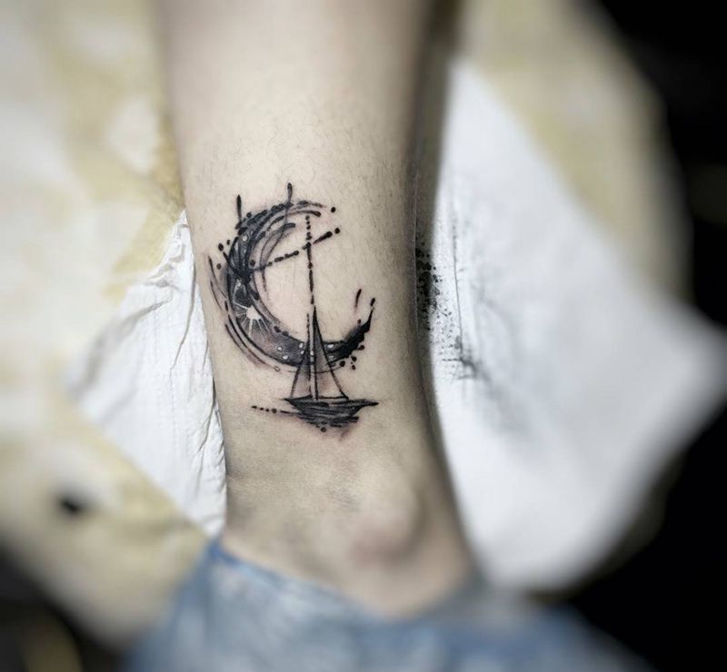 水墨帆船纹身图片_成品欧美国画纹身图案