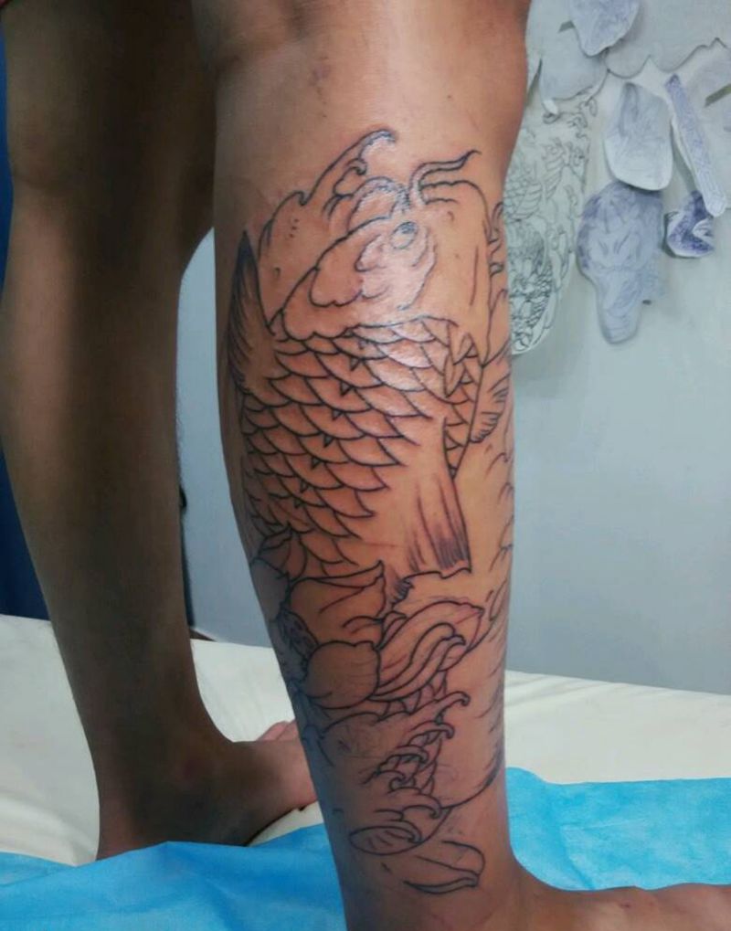 小腿传统鲤鱼（未完成）纹身图片_腿部传统习俗动物图腾宗教原创纹身图案