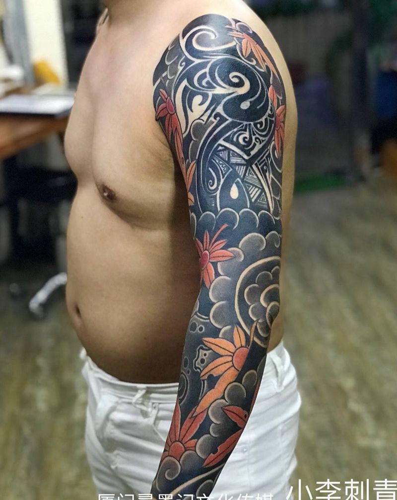 老传统花臂盖图纹身图片_成品手臂传统植物原创鬼神图腾厦门水墨清新纹身图案
