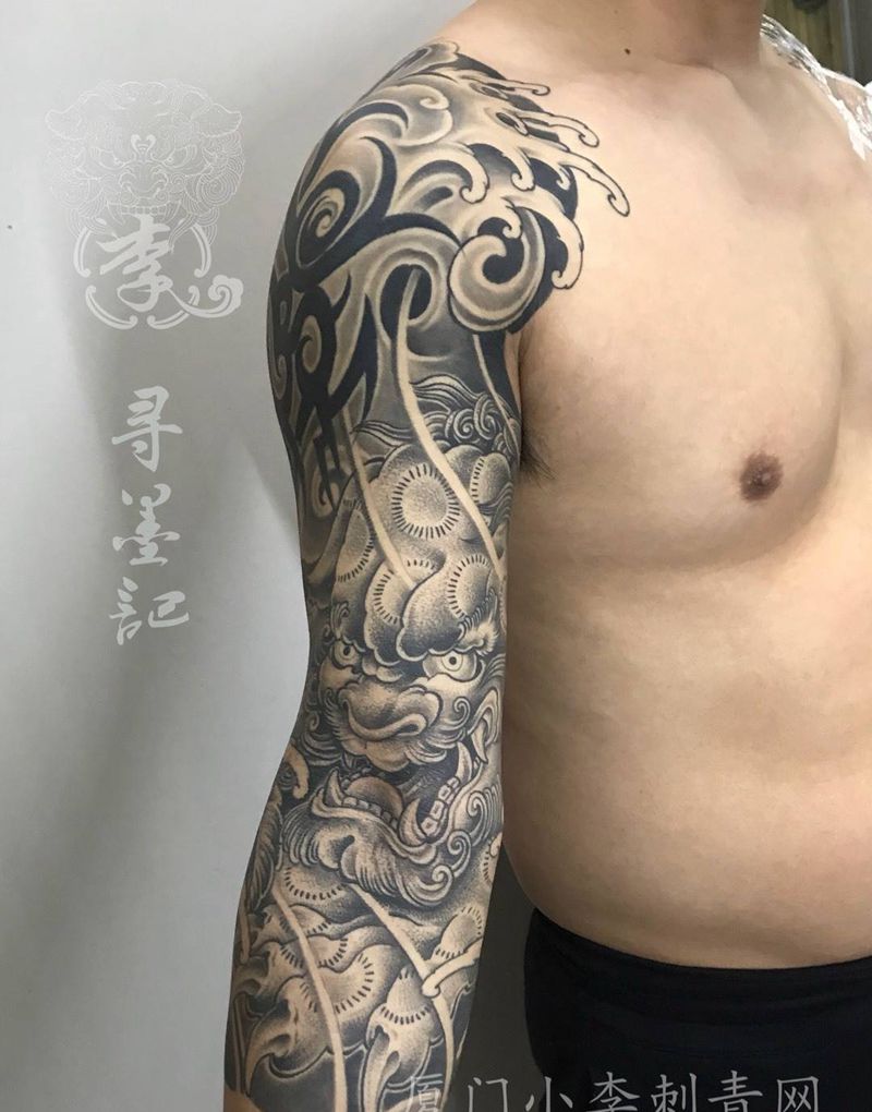 七分唐狮子牡丹纹身图片_成品手臂传统国画动物鬼神人物原创厦门水墨纹身图案