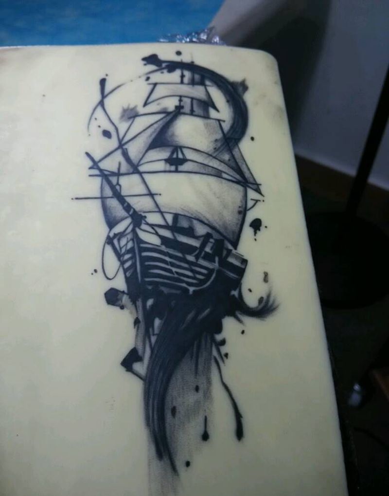 练习皮，水墨帆船纹身图片_欧美清新几何静物原创成品手稿纹身图案