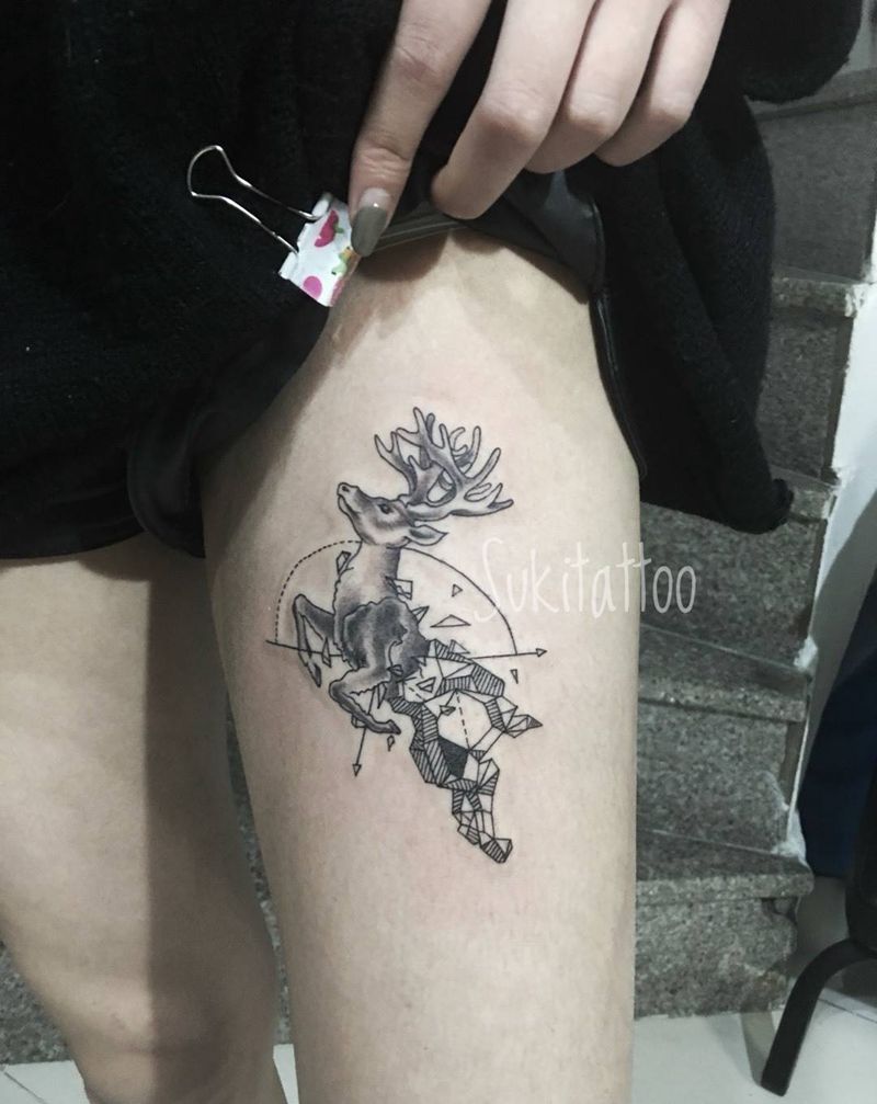 鹿纹身图片_几何欧美清新腿部成品纹身图案