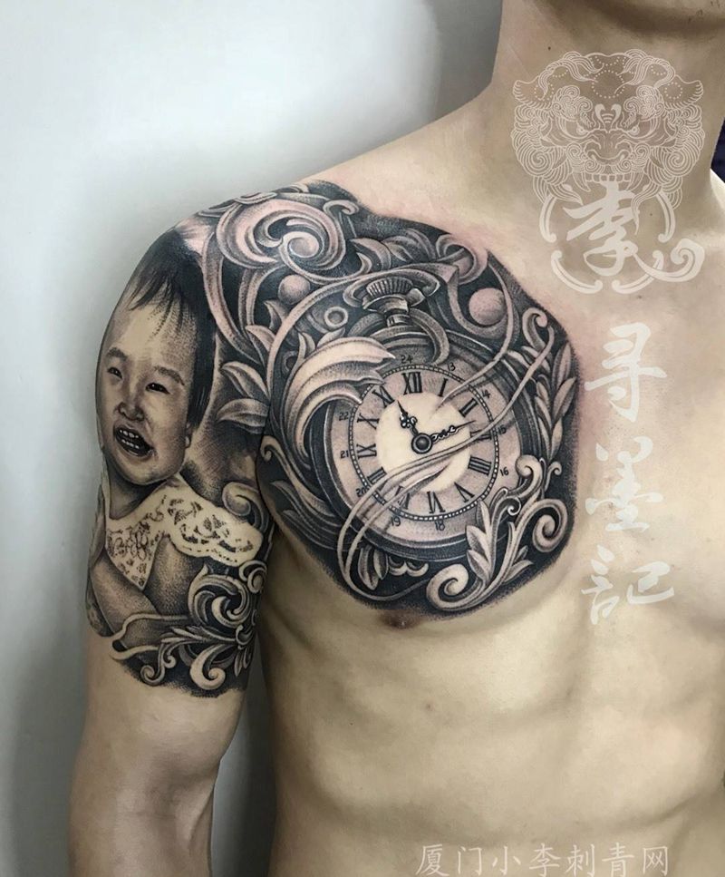 宝贝肖像纹身图片_成品胸部手臂欧美肖像写实人物原创厦门美女纹身图案