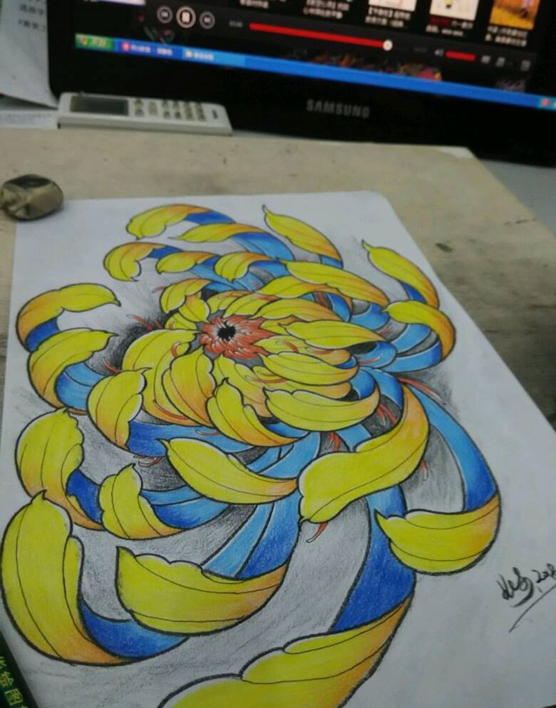 菊花手稿纹身图片_颈部肩部腰部手臂腿部手部脚部传统原创手稿纹身图案