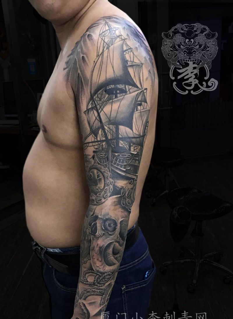 章鱼日本料理纹身图片_成品手臂欧美写实鬼神原创厦门美女水墨肖像纹身图案