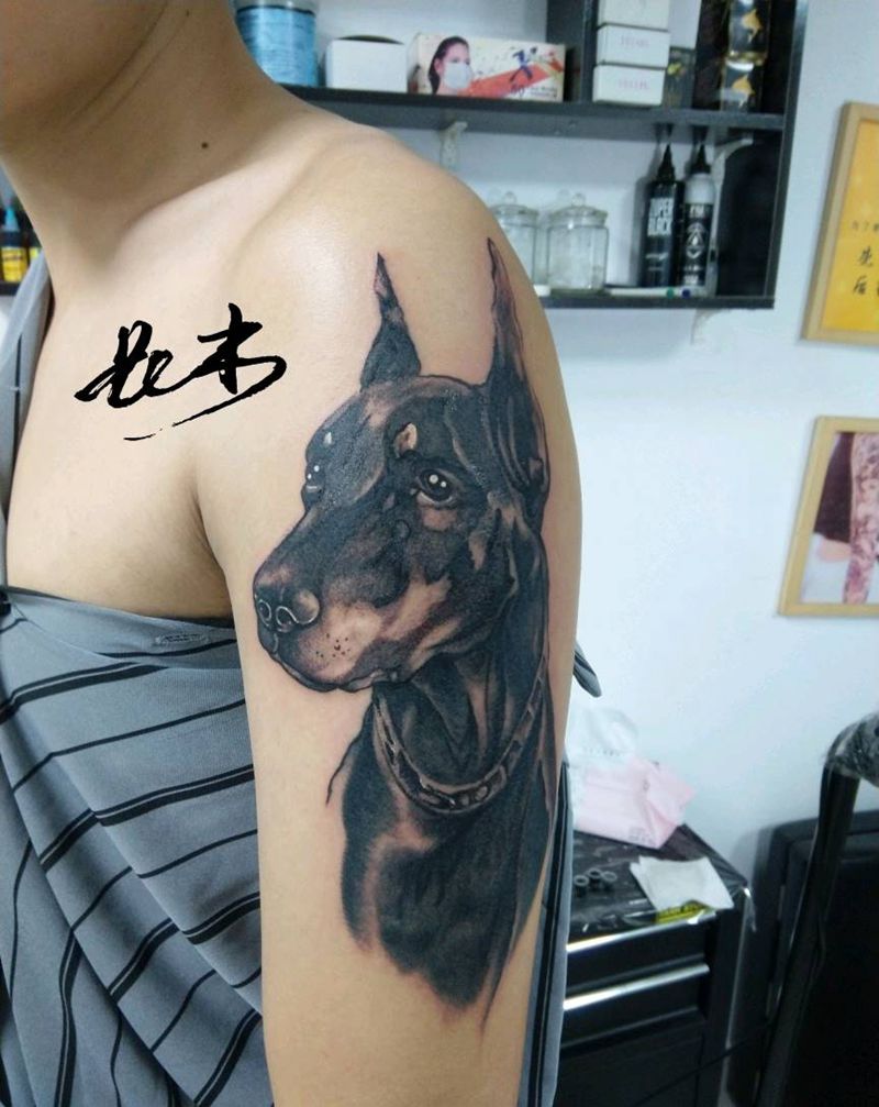 加个班～大臂杜宾～感谢客人特纹身图片_手臂欧美写实纹身图案