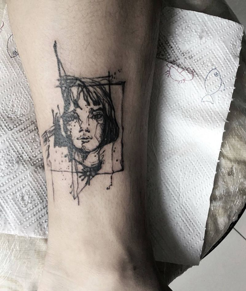 速写头像纹身图片_成品腿部欧美纹身图案