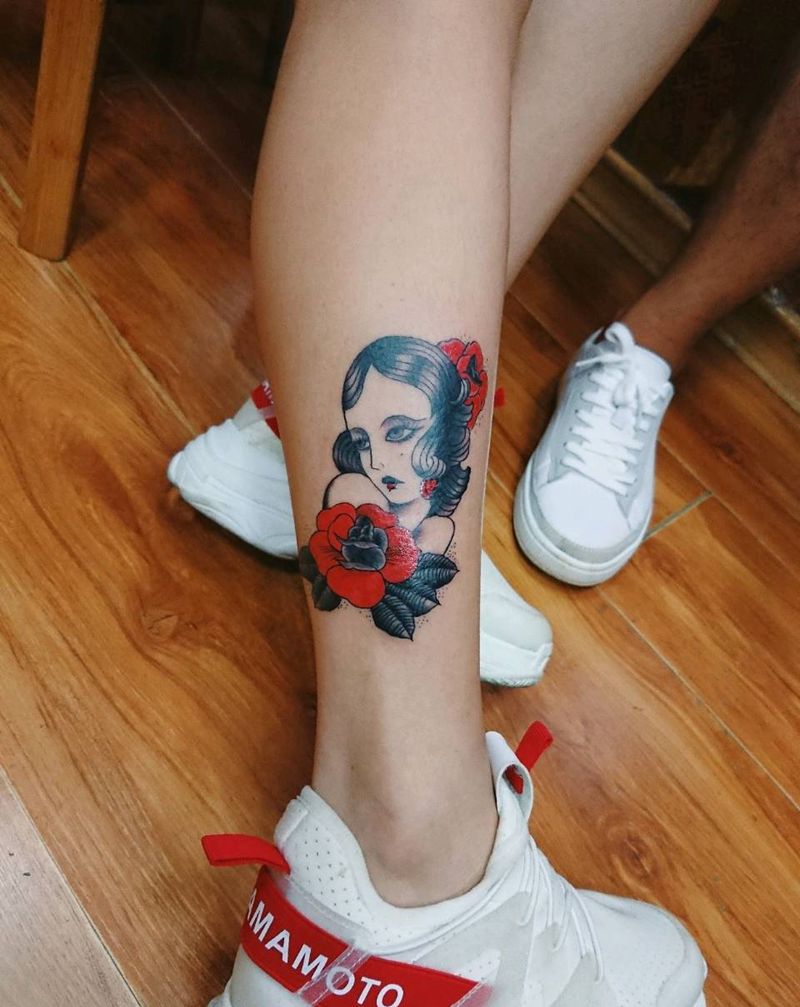 玫瑰女孩纹身图片_腿部欧美成品纹身图案