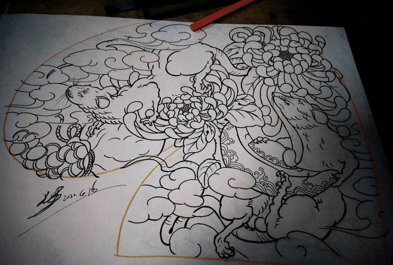 日常练习～传统半甲菊鼠纹身图片_胸部手臂老传统纹身图案