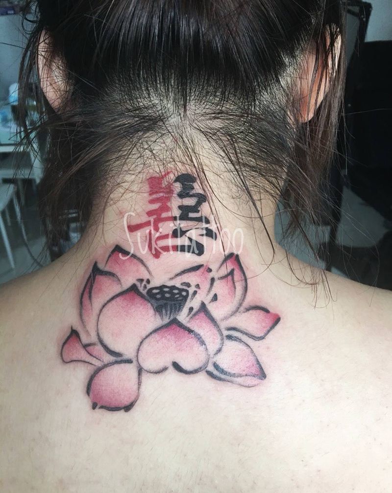 善恶荷花纹身图片_国画清新成品背部纹身图案