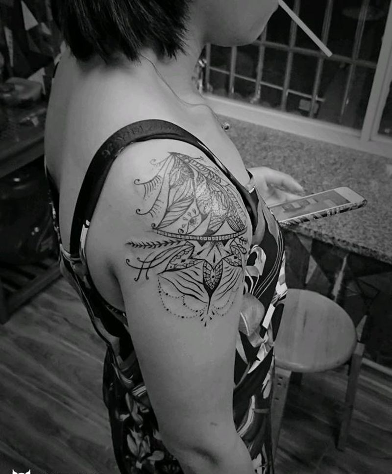 小象纹身设计遮盖纹身图片_肩部清新植物图腾原创成品纹身图案