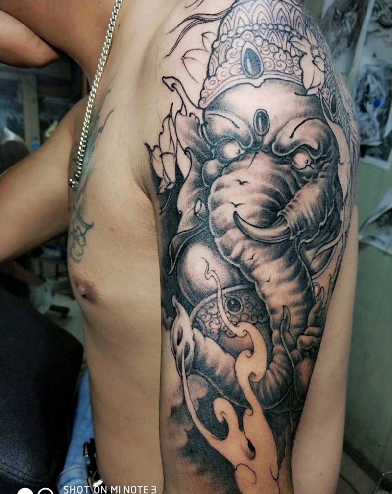 象神未完成纹身图片_手臂新传统纹身图案