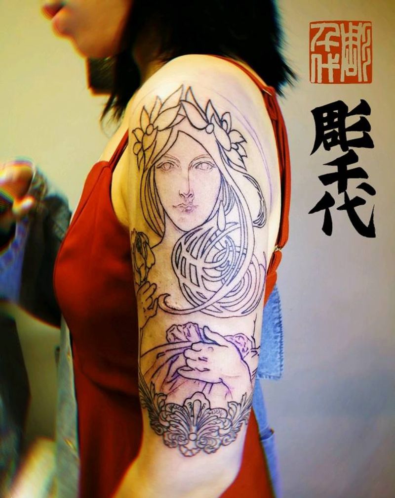 新艺术·穆夏风纹身图片_手臂New School新艺术穆夏风纹身图案