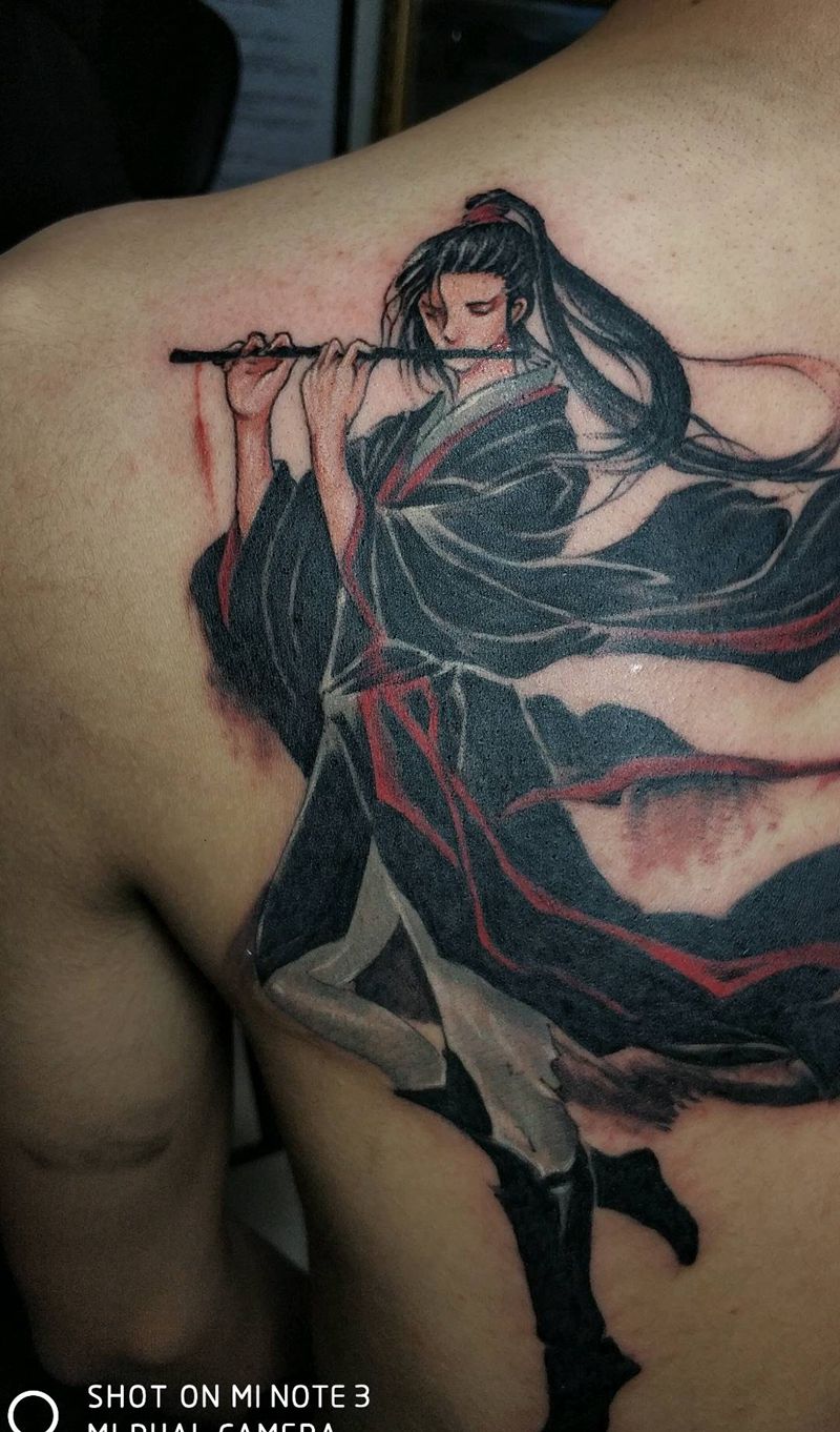 古风少年纹身图片_背部新传统纹身图案