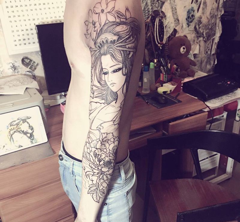 艺妓花臂纹身图片