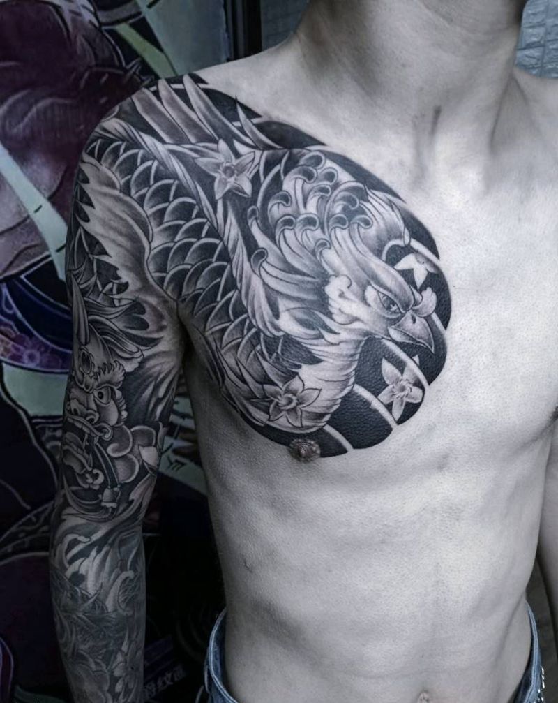 凤纹身图片_胸部纹身图案